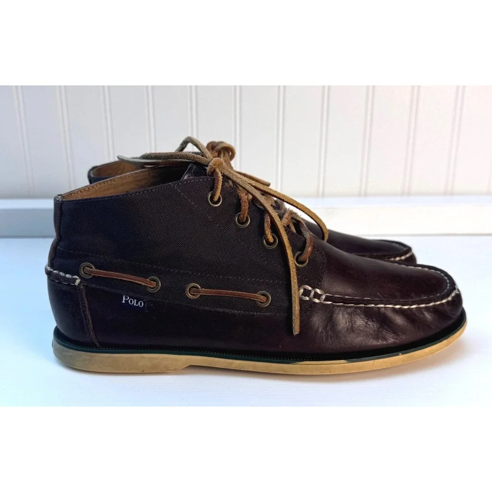 Polo‎ Ralph Lauren Brawley Mens 8D Dark Brown Leather Canvas Chukka Boat Boots